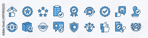 Set of quality control icon. Contains good feedback, five stars, thumbs up, certification, validation, badge, checkmark, approve, accept,  stamp, confirm, agree, guarantee, security, product - vector