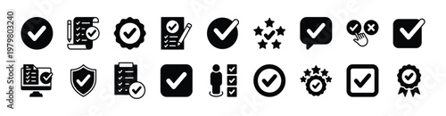 Checkmark icon vector set. Contains checked, tick, check, checkbox, validation, confirmation, done, completed, approve, yes, correct, right, verify, accept, ok, success, agree, exam, survey