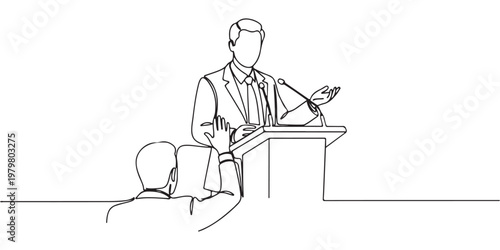 Public speaker at conference taking questions from audience continuous line drawing.