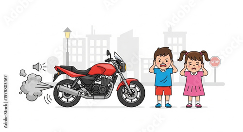 Motorcycle exhaust fumes bother children in city street.