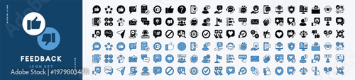 Feedback and satisfaction icon vector set contains thumbs up, stars, happy faces, like, rating, review, testimonial, support, survey, evaluation, comment, opinion, response, social media. Illustration