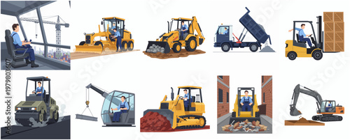 Illustrated Detailed Construction Machinery and Industrial Vehicle Collection with Operator