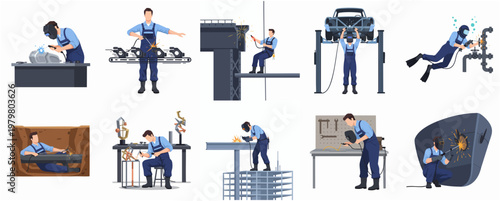 Modern Flat Style Various Welding and Metalworking Scenes Character Illustration