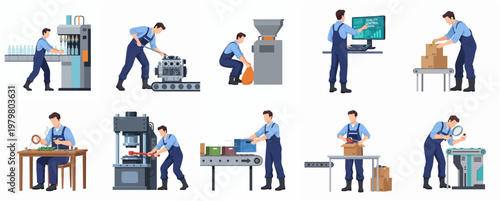 Flat Style Detail Worker in Uniform Doing Factory Production Process Illustration