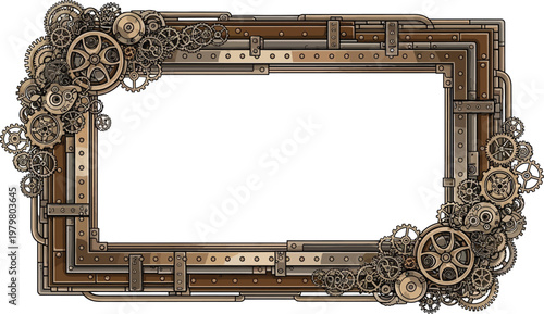 A steampunk style metal frame with gears and cogs on a white background