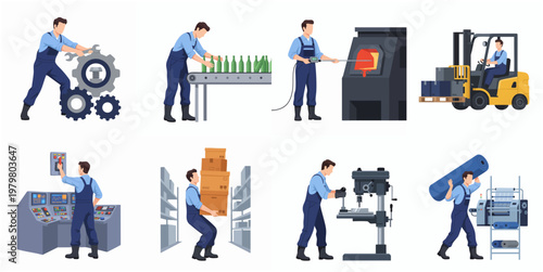Flat Illustration Set Depicting Worker in Various Industrial Activity Scene