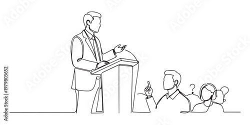 Continuous one line drawing of a professional speaker at podium with an audience member raising hand, vector illustration, Vector illustration
