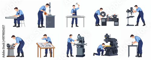 Flat Style Man in Overalls Working with Industrial Machines Set Illustration