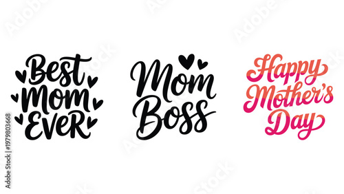 Mothers Day greetings and mom appreciation phrases in colorful typography designs