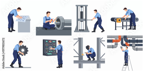 Flat Illustration of Industrial Worker Characters in Various Factory Task Poses