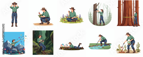 Detailed Flat Illustration Forest Ranger Woman Exploring and Studying in Nature Scenery