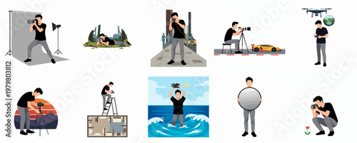 Diverse Cartoon Photographer Positions and Scenes Illustration Collection