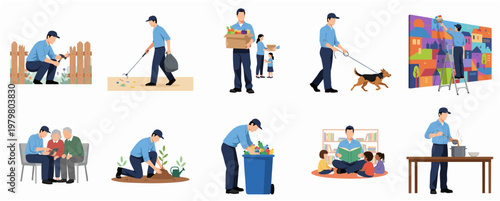 Flat Illustration Diverse Community Volunteer Man Doing Different Activities Set