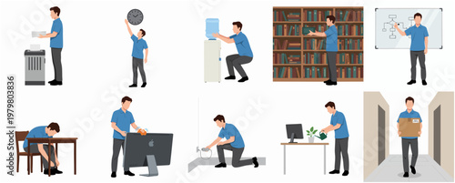 Flat Style Illustrations of Man Doing Different Activities in the Office Workspace