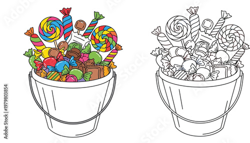 Colorful candy bucket and black and white outline vector illustration. Includes lollipops and chocolates, perfect for kids coloring book.