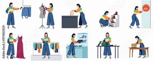 Flat Illustration Various Scenes Of Woman Working in a Clothing Store