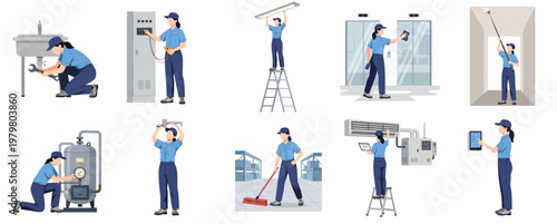 Flat Design Professional Woman Worker Doing Maintenance and Repair in Industry Various Poses Set Illustration