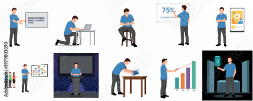 Flat Style Illustration Showing Business Presentation and Meeting Activity Set