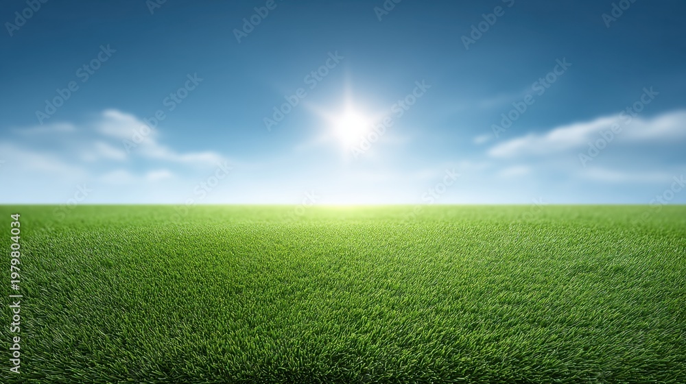 Fototapeta premium Expansive Lush Green Grass Field Under Bright Blue Sky and Shining Sunlight with Soft White Clouds in Background on a Clear Day