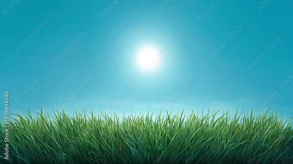 Fototapeta premium Lush Green Grass Under Bright Sunlight with Clear Blue Sky in the Background, Evoking Feelings of Freshness and Natural Beauty