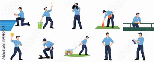 Various Style Janitor Character Set, Diverse Poses Cleaning and Maintenance Illustration
