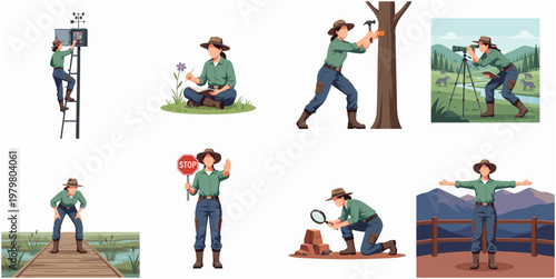 Detailed Flat Illustration of Female Ranger Doing Outdoor Activities Character