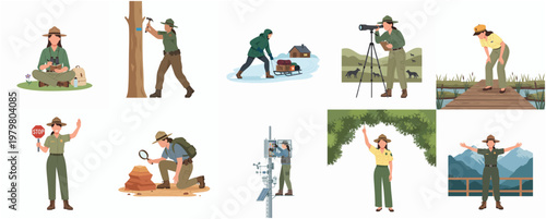 Cartoon Style Park Ranger Character Demonstrating Various Actions and Work Tasks