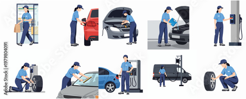 Flat Illustration Collection of Woman Working at Automotive Service Center