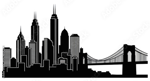 Black Silhouette of a Modern City Skyline with a Suspension Bridge