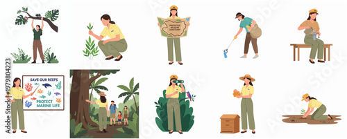 Flat Illustration Set of Park Ranger Doing Conservation and Education Activities
