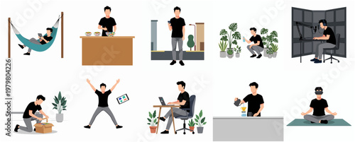 Flat Illustration Man Engaged in Different Hobbies and Home Activities