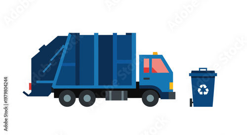 Blue Garbage Truck and Recycling Bin on White Background