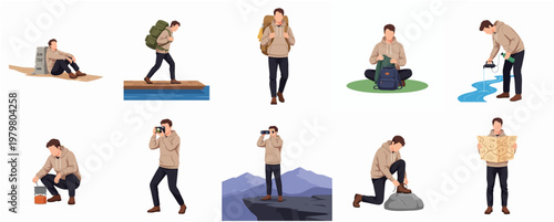 Flat Style Detailed Hiker Actions and Poses Illustration with Different Outdoor Activities
