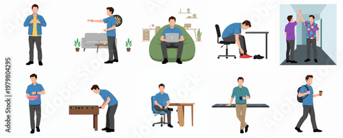 Flat Style Various Casual Activity of Man in Office or Home Illustration