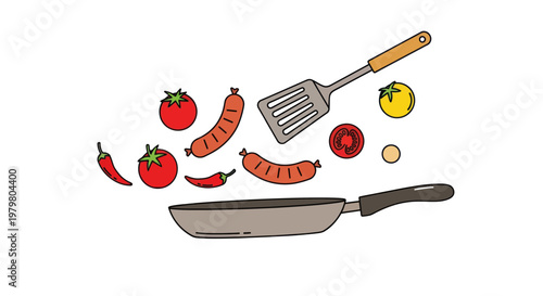 Cooking Ingredients Sausage Tomato Chili Pepper Flying Into Frying Pan with Spatula
