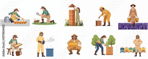 Flat Illustration Various Beekeeper Activity with Beehive and Honey Element Set