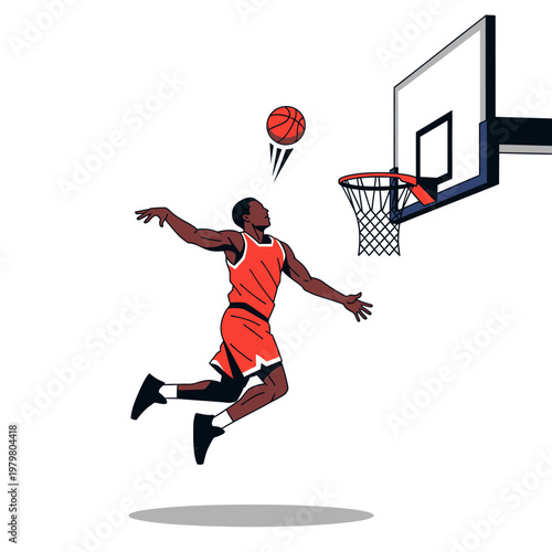 Basketball player in mid-air making a slam dunk over a hoop