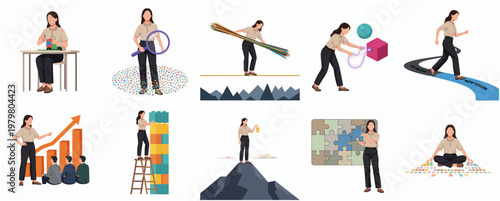 Woman in Diverse Career Positions, Business Metaphors and Achieving Goals Illustration