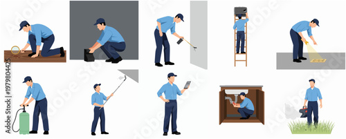 Flat Style Different Activity Pest Control Service Worker Set Illustration