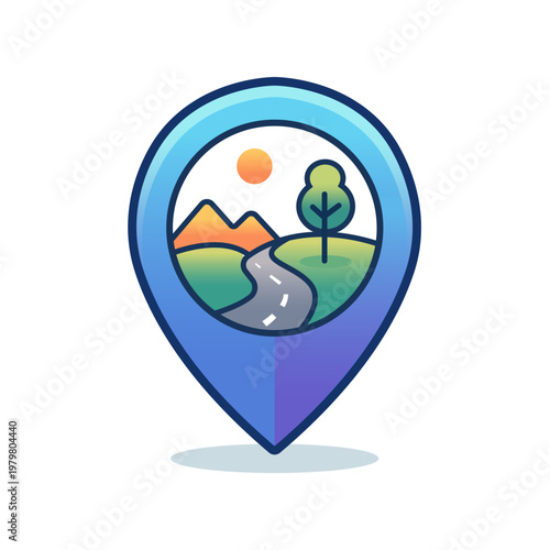 Flat vector map pin icon with nature landscape, featuring mountains, river, tree, and sun, symbolizing location, travel, eco tourism, and outdoor adventure on a clean background.