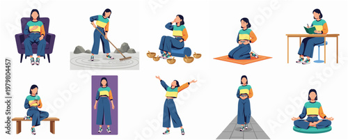 Diverse Lifestyle Illustrations of Woman in Various Activities and Poses