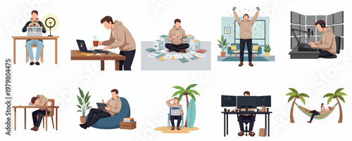 Flat Illustration Set of Freelancer Lifestyle and Workspace Situations
