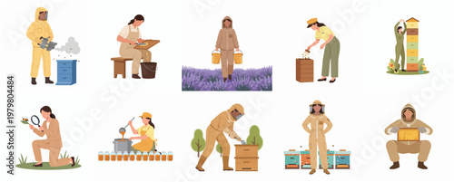 Flat Illustration Collection of Beekeeper and Honey Production Process Concept