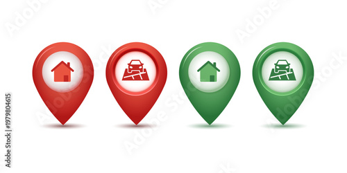 Set of red and green map pin icons with home and car symbols, representing real estate, property, navigation, and transportation services in flat vector style on a clean background.