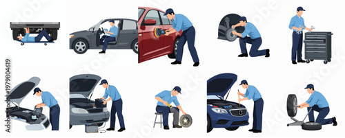 Flat Design Car Repair and Maintenance Service with Mechanics Illustration