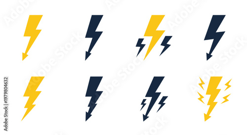 Lightning Bolt Icons Set - Yellow and Blue Energy Symbols