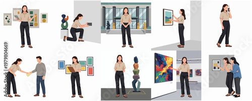 Minimalist Style Different Poses in Art Gallery or Museum with People