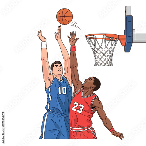 Basketball Players Competing for Ball Near Hoop - Action Shot
