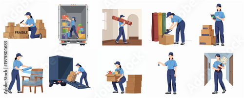 Cartoonish Moving Service Woman Character With Boxes and Furniture Illustration