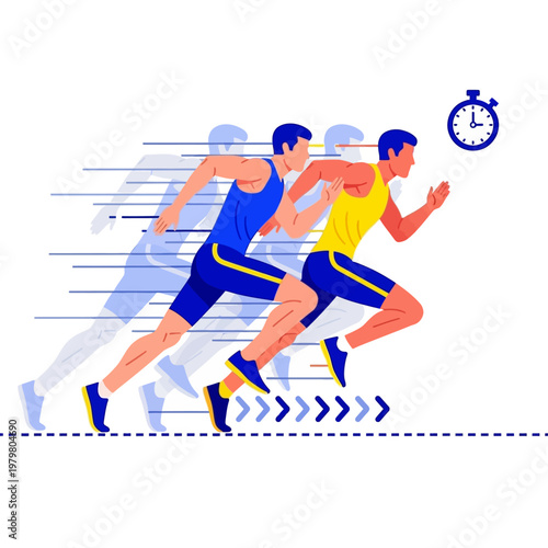 Athletic men running race, motion blur, stopwatch, speed and competition concept
